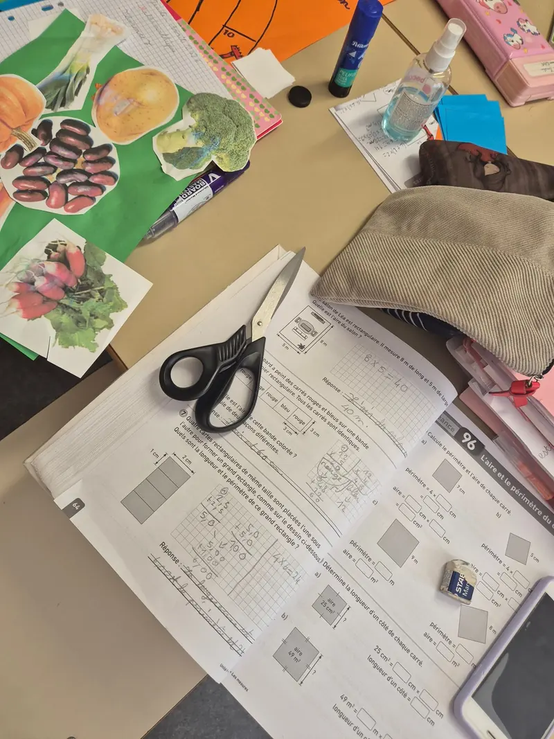 Un cahier d'exercices sur l'aire et le périmètre, complété à la main, à côté de légumes découpés
