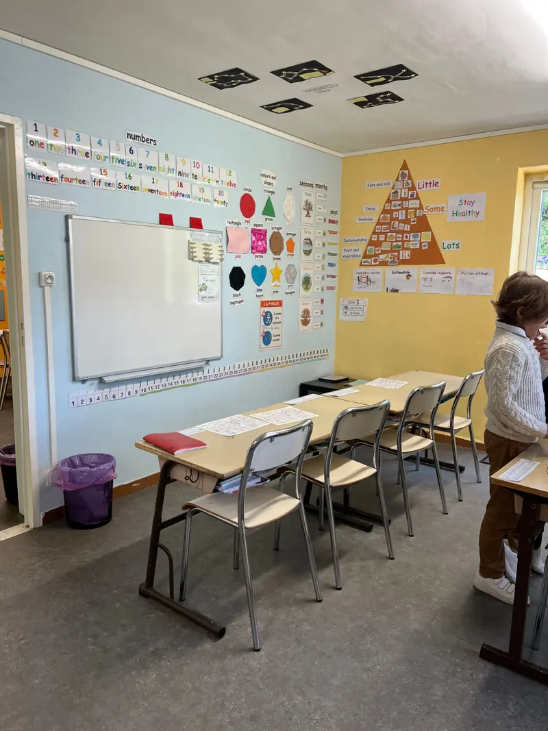Mur de classe couvert d'affichages en anglais et en français : nombres, formes, saisons