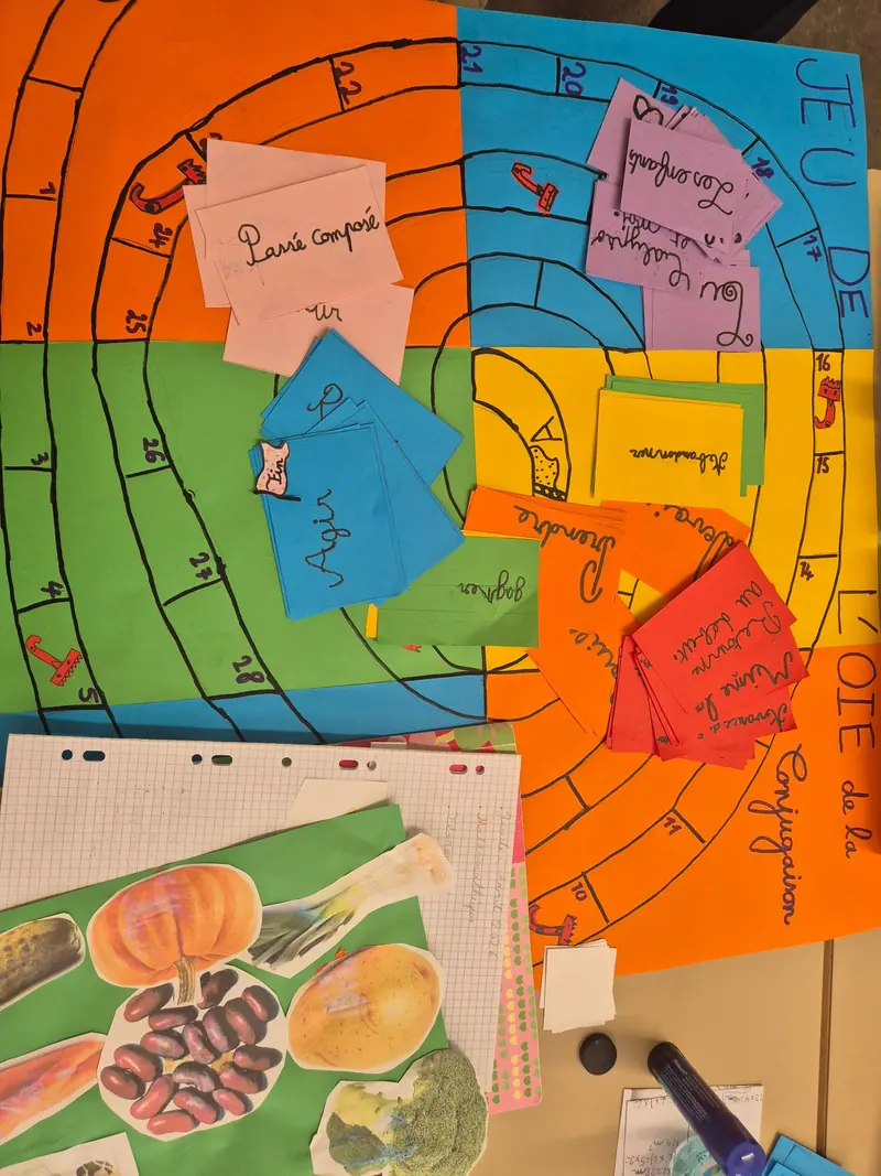 Un jeu de l'oie de la conjugaison fabriqué par les enfants, avec ses cartes de verbes